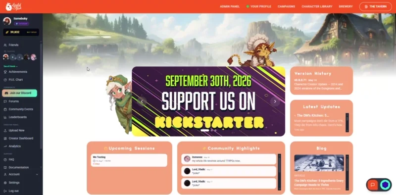 Guildstew app home page with the Kickstarter banner